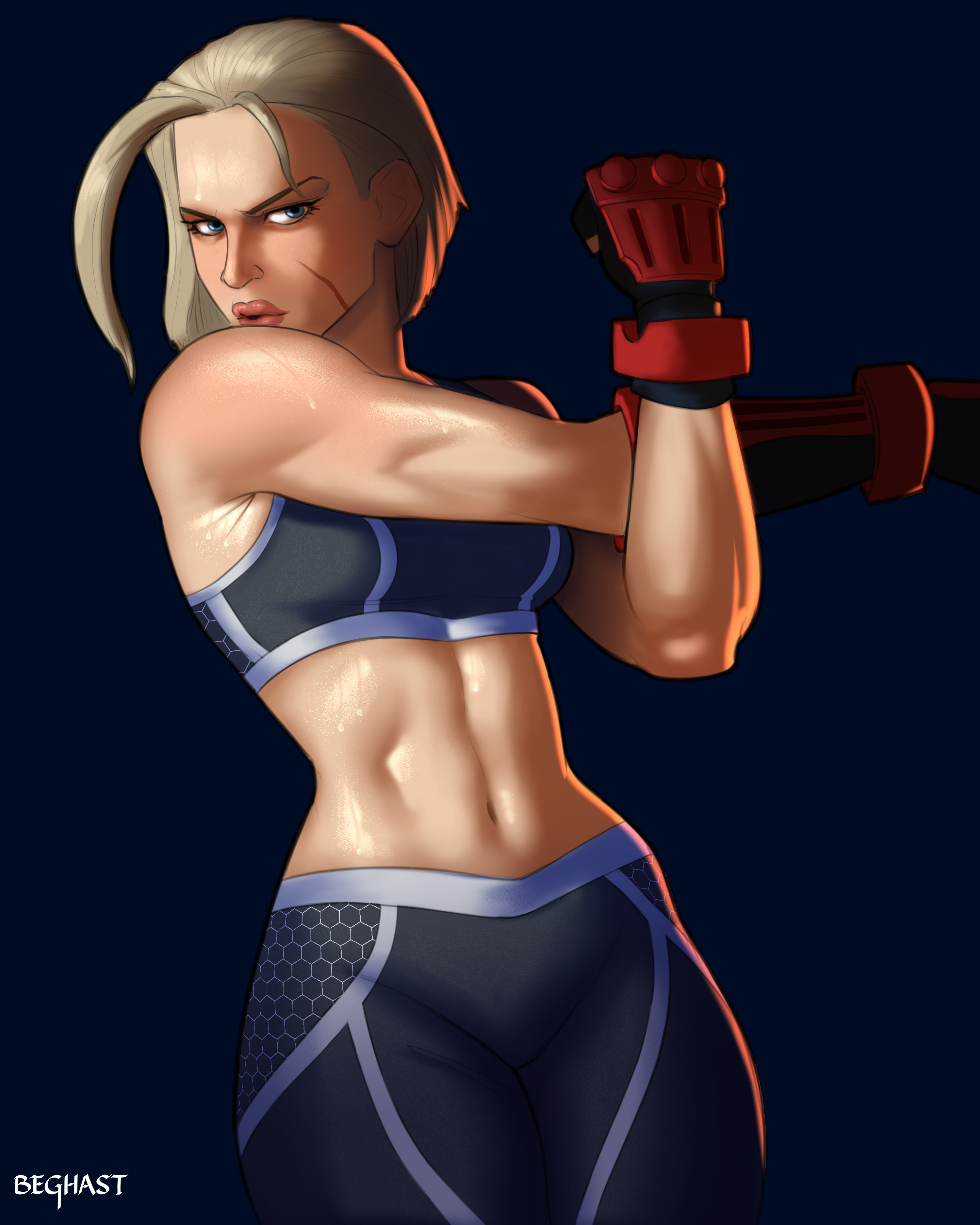 beghastart, cammy white, street fighter, street fighter 6, absurdres, commentary, highres, 1girl, armpit crease, artist name, black pants, black sports bra, blonde hair, blue eyes, cowboy shot, deltoids, facial scar, fingerless gloves, forehead, gloves, linea alba, mma gloves, navel, pants, parted lips, red gloves, scar, scar on cheek, scar on face, short hair, solo, sports bra, stretching, toned, toned female, v-shaped eyebrows