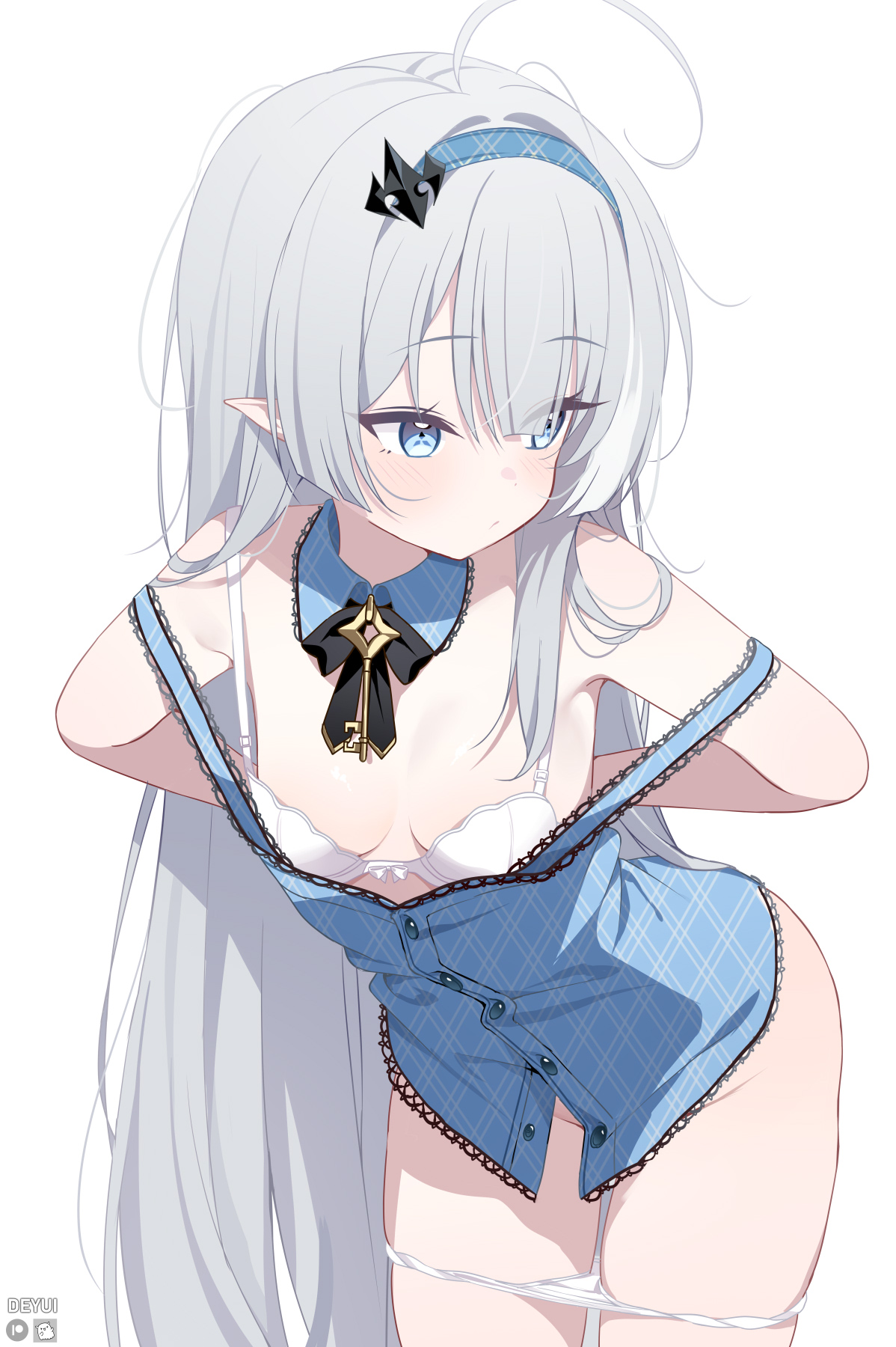 deyui, female tyrant (stella sora), stella sora, commentary, highres, 1girl, ahoge, artist name, blue eyes, blue hairband, bra, breasts, cowboy shot, detached collar, grey hair, groin, hair over shoulder, hairband, leaning forward, long hair, long sleeves, looking to the side, off shoulder, panties, panty pull, pointy ears, removing bra, simple background, small breasts, solo, thighs, tyrant (stella sora), underwear, undressing, very long hair, white background, white bra