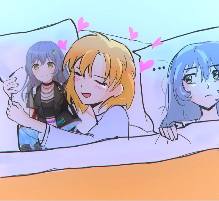 asahi rokka, sato masuki, bang dream!, non-web source, 2girls, blanket, blonde hair, blue hair, closed eyes, closed mouth, green eyes, heart, hug, hugging object, long hair, looking at another, multiple girls, pillow, pillow hug, short hair, smile