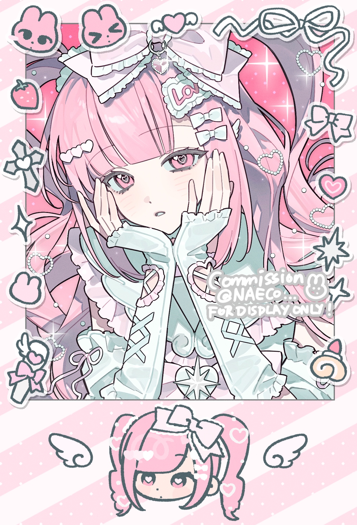 evodtonaeco, original, commission, highres, procreate (medium), 1girl, blunt bangs, bow, chibi, elbow gloves, fingerless gloves, food, frills, gloves, hair bow, hair ornament, hands on own face, heart, heart hair ornament, long hair, long sleeves, looking at viewer, parted lips, pink bow, pink eyes, pink hair, pink theme, ribbon, sample watermark, sleeves past wrists, solo, too many, too many frills, twintails, watermark, white bow, white gloves, wings
