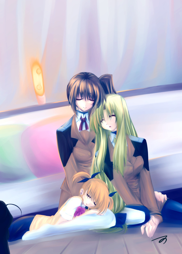 ichino, fate testarossa, takamachi nanoha, vivio, lyrical nanoha, mahou shoujo lyrical nanoha, mahou shoujo lyrical nanoha a's, mahou shoujo lyrical nanoha strikers, bad id, bad pixiv id, 00s, 3girls, blonde hair, brown hair, closed eyes, family, long hair, military, military uniform, multiple girls, pantyhose, school uniform, short hair, side ponytail, sleeping, thighhighs, twintails, very long hair, white pantyhose, yuri