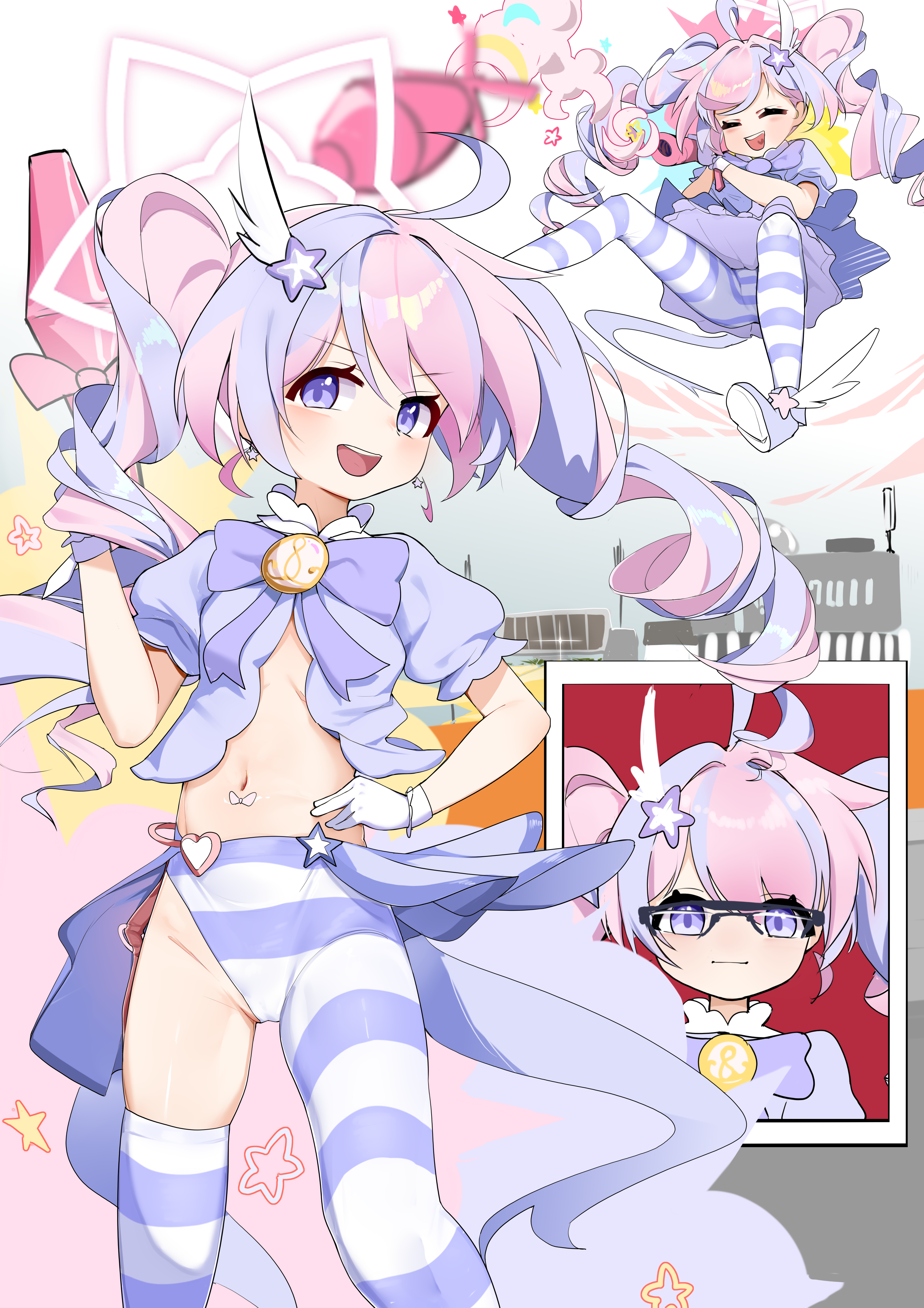 marshal (artist), reisa (blue archive), reisa (magical) (blue archive), blue archive, absurdres, highres, 1girl, cameltoe, drill hair, gloves, hair ornament, halo, holding, holding rocket launcher, holding weapon, magical girl, multicolored hair, navel, official alternate costume, official alternate hairstyle, pantyhose, pink hair, puffy short sleeves, puffy sleeves, purple eyes, purple hair, rocket launcher, short sleeves, single leg pantyhose, single thighhigh, star (symbol), star hair ornament, star halo, striped clothes, striped pantyhose, striped thighhighs, thighhighs, twin drills, two-tone hair, weapon, white gloves, wing hair ornament