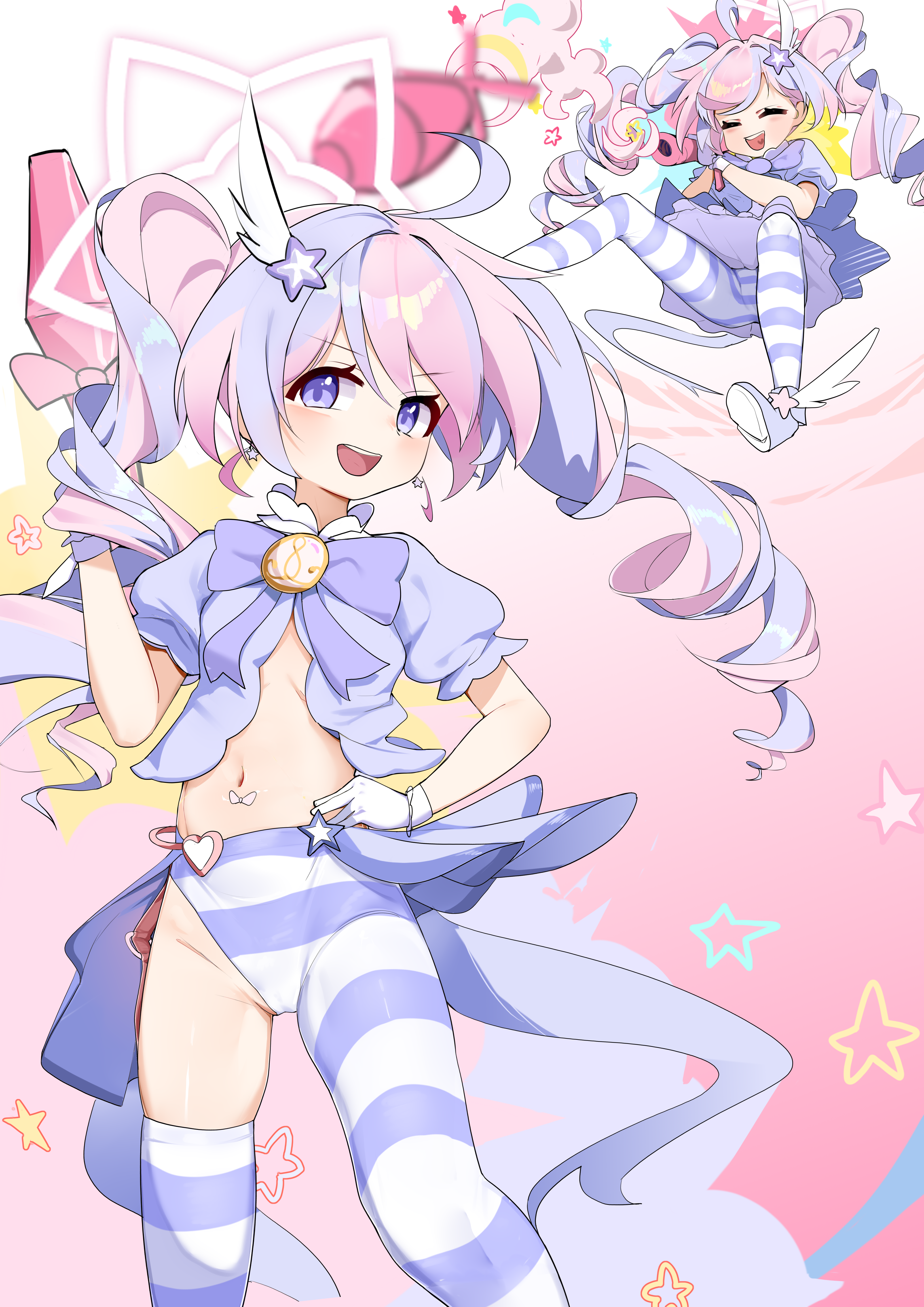 marshal (artist), reisa (blue archive), reisa (magical) (blue archive), blue archive, absurdres, highres, 1girl, cameltoe, drill hair, gloves, hair ornament, halo, holding, holding rocket launcher, holding weapon, magical girl, multicolored hair, navel, official alternate costume, official alternate hairstyle, pantyhose, pink hair, puffy short sleeves, puffy sleeves, purple eyes, purple hair, rocket launcher, short sleeves, single leg pantyhose, single thighhigh, star (symbol), star hair ornament, star halo, striped clothes, striped pantyhose, striped thighhighs, thighhighs, twin drills, two-tone hair, weapon, white gloves, wing hair ornament