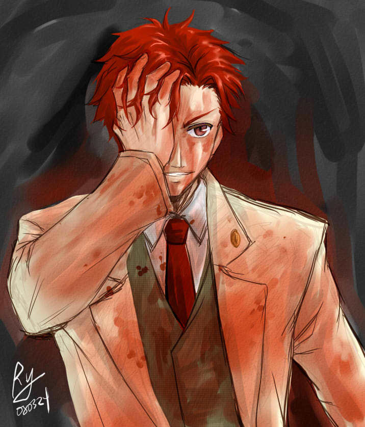 riyan, claire stanfield, baccano!, 00s, 1boy, blood, blood splatter, blood stain, brown hair, formal clothes, male focus, necktie, solo, suit