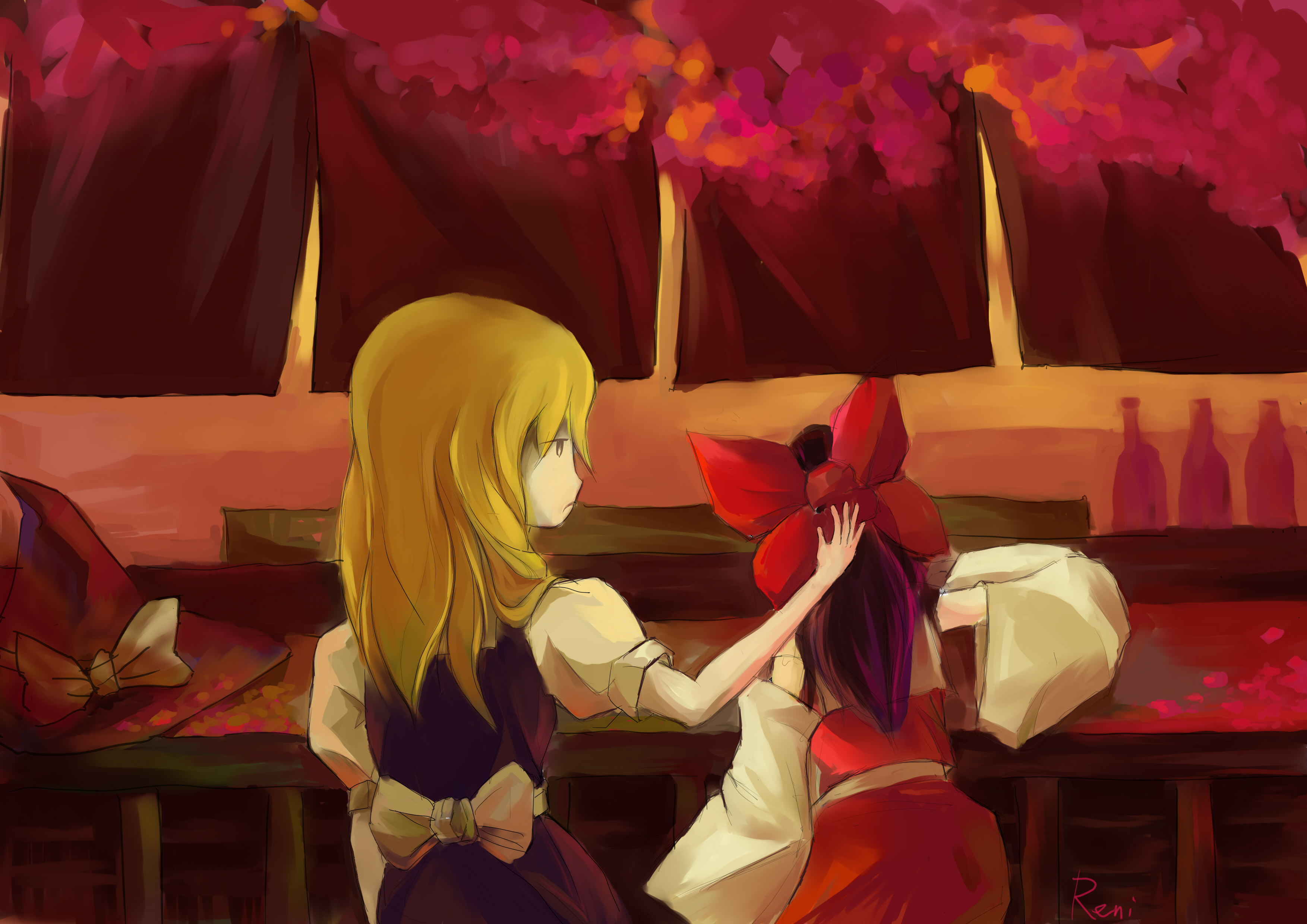 tsuuyakukan reni, hakurei reimu, kirisame marisa, touhou, absurdres, bad id, bad pixiv id, highres, 2girls, blonde hair, bottle, drunk, female focus, hand on another's head, hat, multiple girls, sitting, table, witch, witch hat