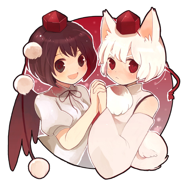 kitsuta, inubashiri momiji, shameimaru aya, touhou, bad id, bad pixiv id, 2girls, :<, animal ears, black hair, black wings, female focus, hat, multiple girls, red eyes, short hair, tail, white hair, wings, wolf ears, wolf tail