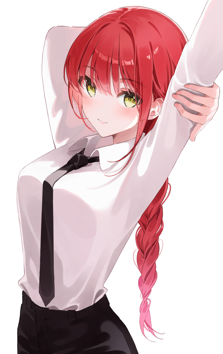 pozi, makima (chainsaw man), chainsaw man, commentary request, highres, 1girl, arms up, black necktie, black pants, braid, breasts, closed mouth, collared shirt, cowboy shot, green eyes, hand on own arm, long hair, long sleeves, looking at viewer, necktie, pants, red hair, shirt, shirt tucked in, simple background, single braid, solo, stretching, white background, white shirt, wing collar