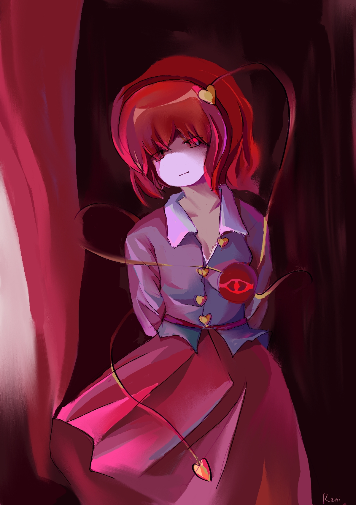 tsuuyakukan reni, komeiji satori, touhou, bad id, bad pixiv id, highres, 1girl, arms behind back, curtains, female focus, heart, solo, standing