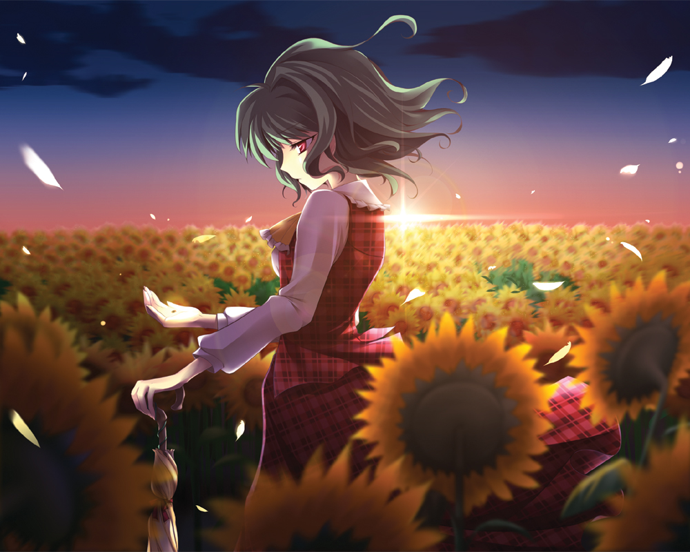 narumizg, kazami yuuka, touhou, bad id, bad pixiv id, 1girl, ascot, closed umbrella, female focus, field, flower, green hair, lens flare, plaid clothes, plaid skirt, plaid vest, planted, planted umbrella, profile, red eyes, short hair, skirt, skirt set, sky, solo, sunflower, sunset, umbrella, unmoving pattern, vest, wind