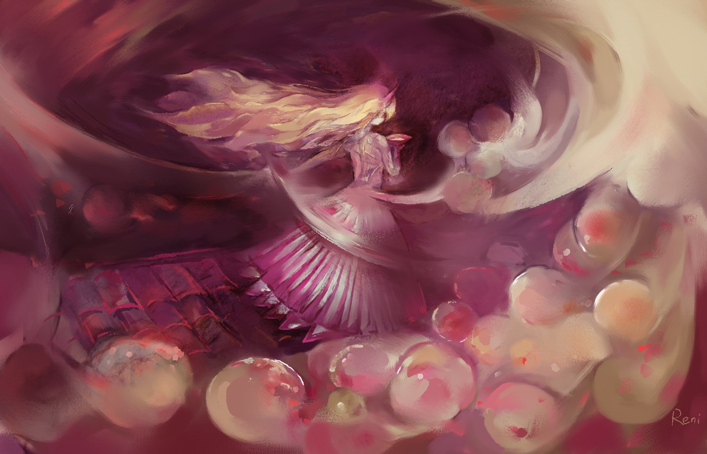 tsuuyakukan reni, hoshiguma yuugi, touhou, bad id, bad pixiv id, 1girl, blonde hair, bowl, dress, female focus, gloves, horns, long hair, single horn, smoke, solo, very long hair, wind