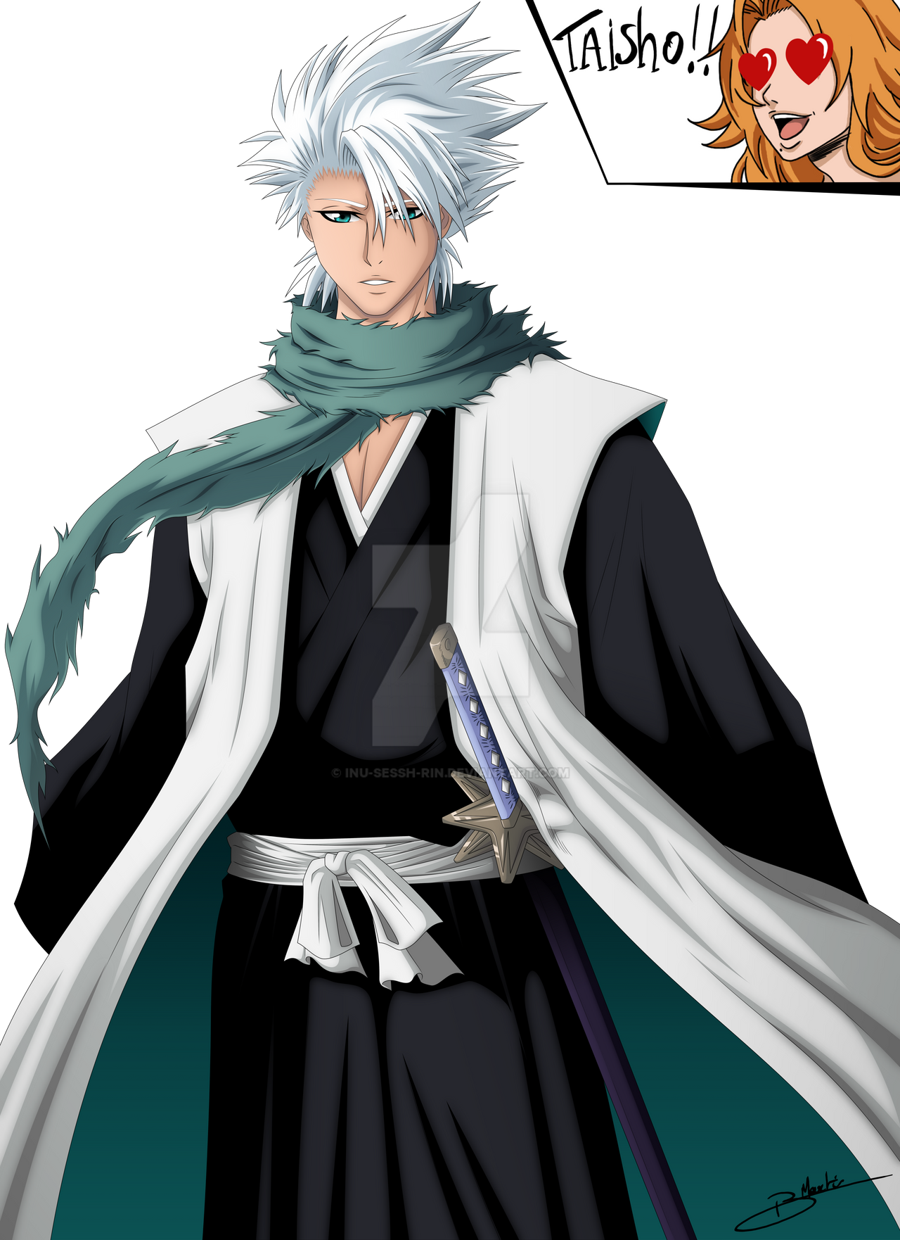 hitsugaya toushirou, matsumoto rangiku, bleach, commentary, english commentary, highres, 1boy, 1girl, aqua eyes, aqua scarf, deviantart logo, hair over one eye, haori, heart, heart-shaped eyes, hitsugaya toushirou (adult), inu-sessh-rin, japanese clothes, mole, mole under mouth, open mouth, orange hair, scarf, sheath, sheathed, shihakusho, signature, smile, taichou haori, watermark, web address, white hair