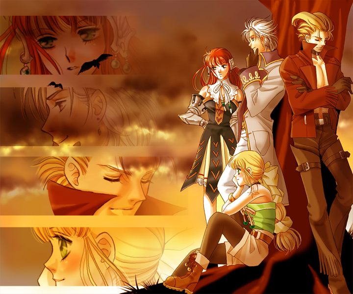 maronee san, nemuri, gustaf, primiera (saga), roberto (saga), virginia knights, saga, saga frontier 2, 2boys, 2girls, belt, bird, blonde hair, braid, dress, jacket, long hair, multi-tied hair, multiple boys, multiple girls, pantyhose, pantyhose under shorts, pteruges, red hair, shorts, sunset, topless male, tree, white hair