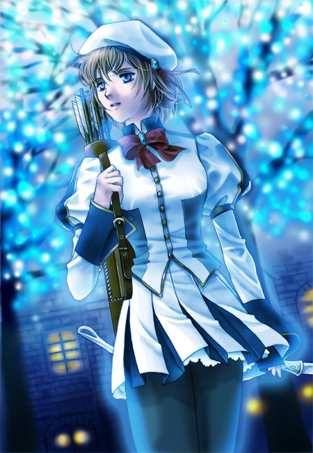 maronee san, nemuri, labelle, saga, saga frontier, saga frontier 2, 1girl, archery, arrow (projectile), bow (weapon), female focus, pantyhose, quiver, school uniform, solo, weapon