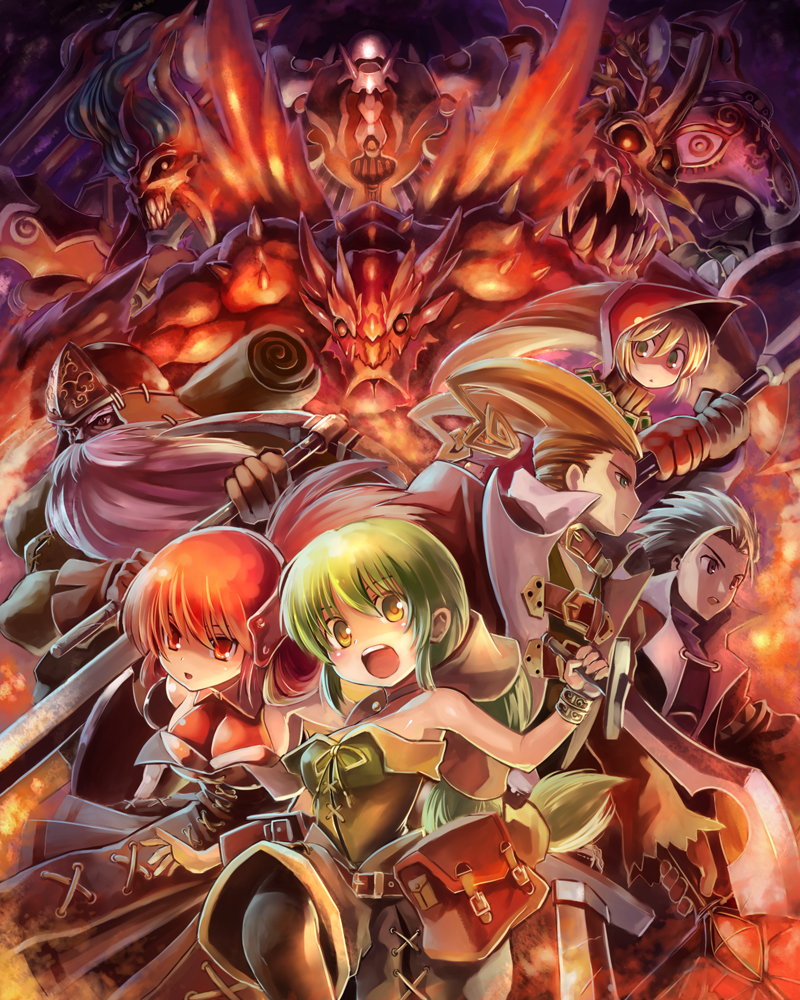 edobox, cordelia (saga), gustaf, meythia, noble knights, primiera (saga), roberto (saga), virginia knights, william knights, saga, saga frontier 2, annotation request, 3boys, 3girls, armor, armpits, axe, bare shoulders, beard, breastplate, facial hair, family, fire, green eyes, green hair, horns, knight, looking at viewer, monster, multi-tied hair, multiple boys, multiple girls, pantyhose, pantyhose under shorts, pickaxe, shorts, upper body, weapon