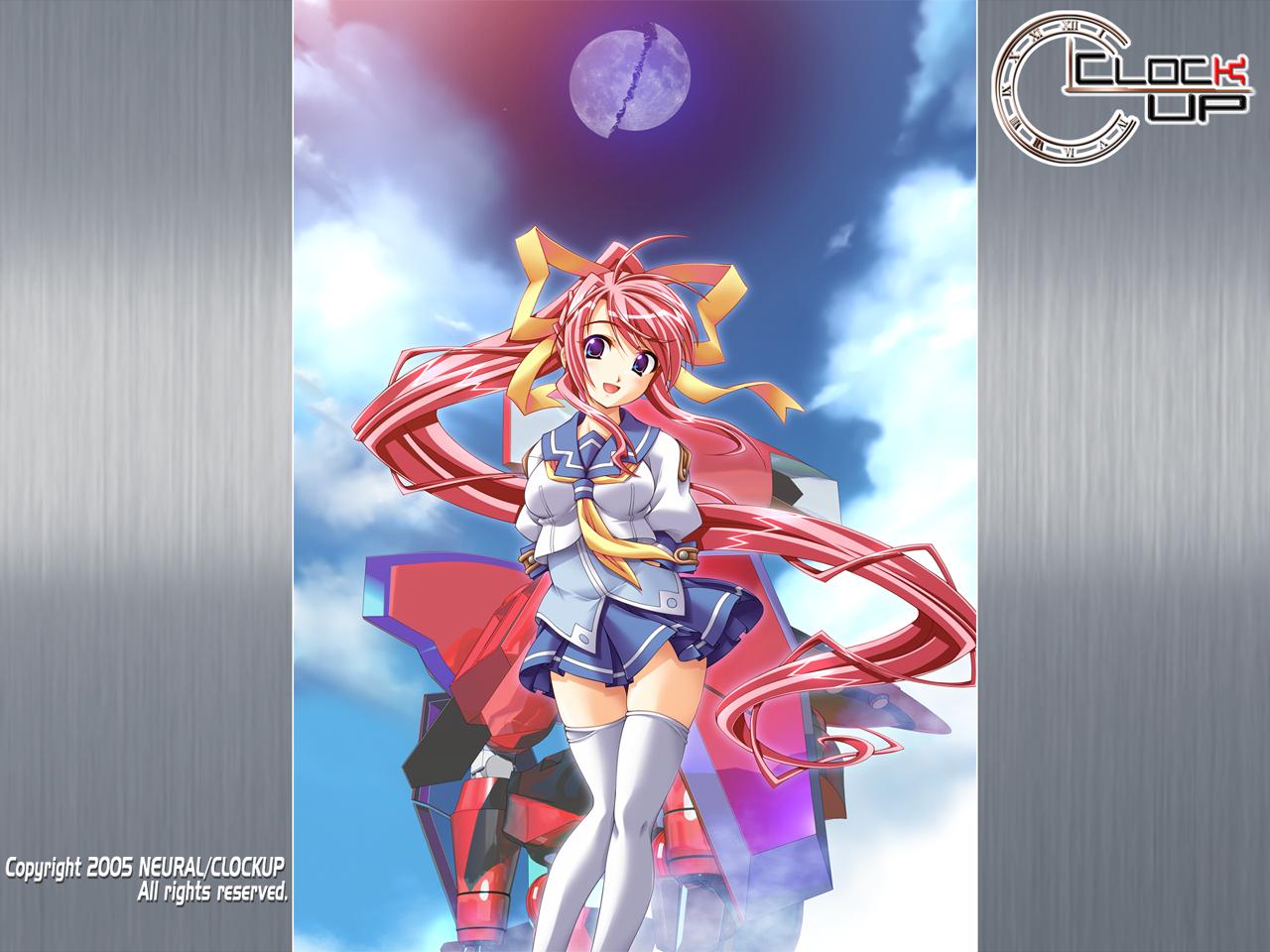 amatsue hikari, clockup, dyogrammaton, blue eyes, cover, mecha, moon, pink hair, ponytail, ribbon, robot, sky