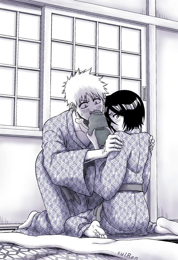 suirennnn, kuchiki rukia, kurosaki ichigo, bleach, commentary request, 1boy, 1girl, barefoot, blush, futon, greyscale, hands on another's shoulders, monochrome, robe, short hair, shouji, signature, sitting, sliding doors, spot color, sweatdrop, wariza