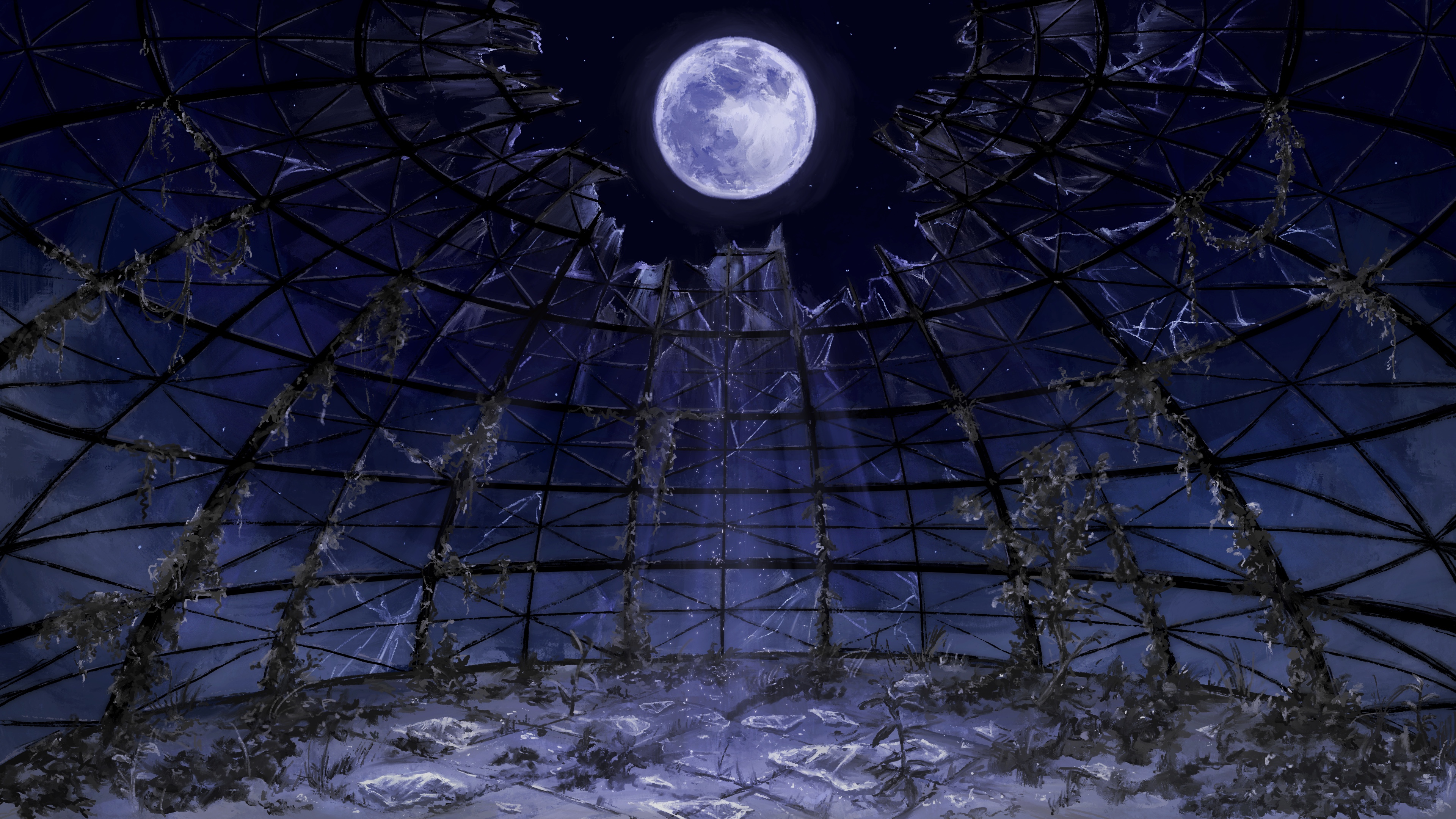 port (portzzz), original, absurdres, commentary request, highres, abandoned, broken glass, dome, full moon, glass, moon, night, night sky, no humans, overgrown, ruins, scenery, sky, star (sky), starry sky
