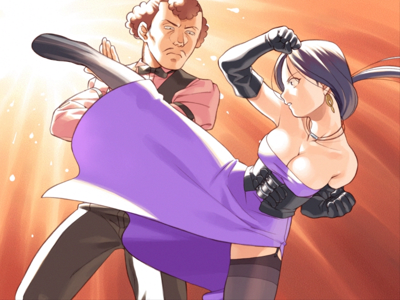 koike sadaji, nakazawa nodoka, toguchi hiromi, mxs combat de reines, game cg, 1boy, 1girl, bare shoulders, blocking, breasts, cleavage, dress, elbow gloves, gloves, kicking, large breasts, side slit, thighhighs, wide-eyed