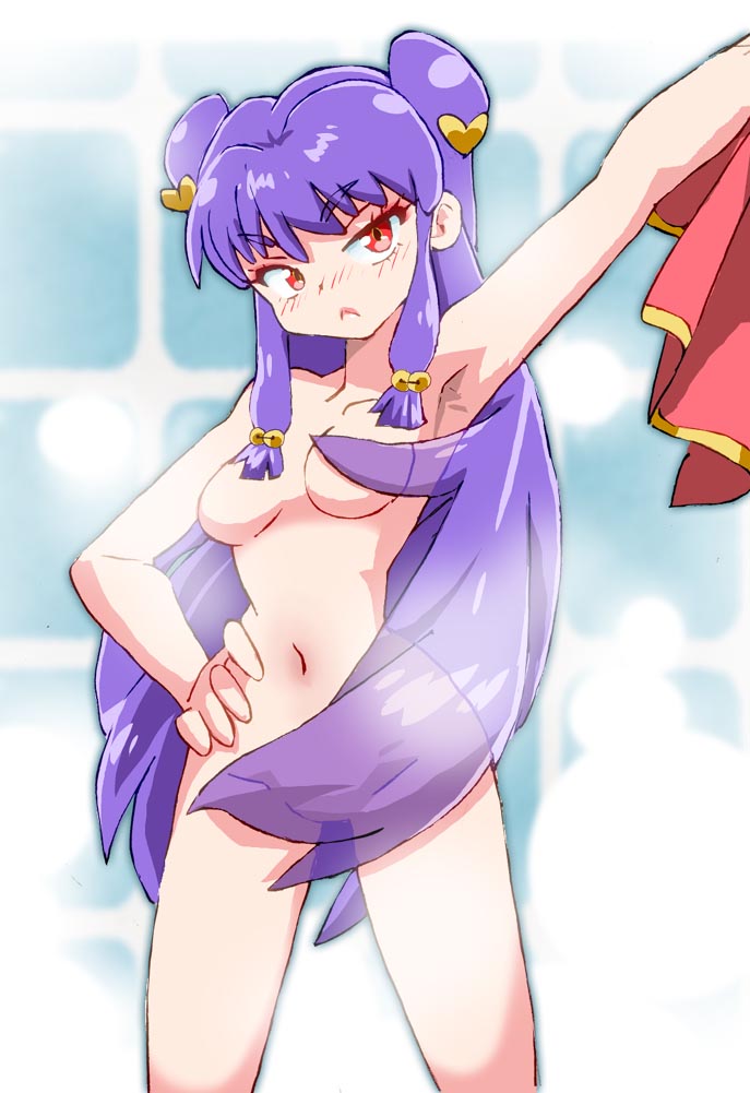 onnaski, shampoo (ranma 1/2), ranma 1/2, 1girl, :<, bath, bell, blush, breasts, convenient censoring, double bun, hair bell, hair bun, hair censor, hair ornament, hair over breasts, hair over crotch, hand on own hip, heart, heart hair ornament, holding, holding unworn clothes, jingle bell, long hair, looking at viewer, medium breasts, navel, nude, purple hair, raised eyebrow, red eyes, standing, steam