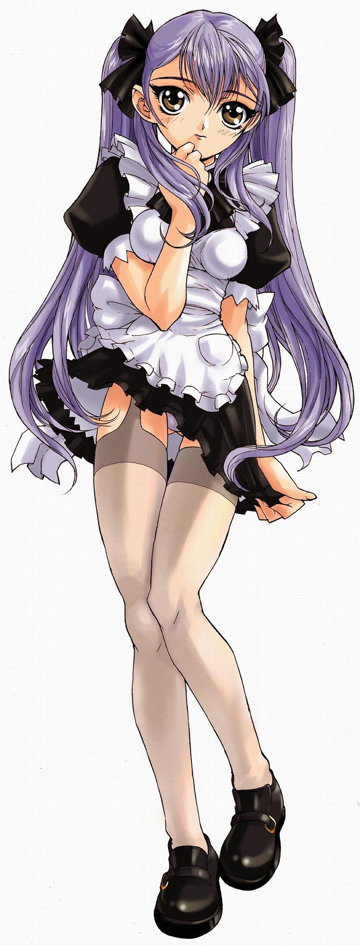 hoshino ruri, kidou senkan nadesico, highres, alternate costume, enmaided, full body, garter straps, long hair, maid, purple hair, skirt, skirt tug, solo, thighhighs, twintails, very long hair, white background