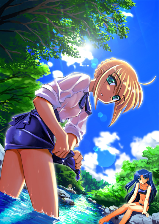 namonashi, artoria pendragon (fate), saber (fate), tohsaka rin, fate/stay night, fate (series), type-moon, 00s, 2girls, ahoge, alternate hair color, blonde hair, blouse, blue hair, dutch angle, forest, lens flare, light rays, long legs, multiple girls, nature, on rock, river, rock, shirt, sitting, sleeves rolled up, stream, sunbeam, sunlight, tree, wading, water, wet, wet clothes, wringing clothes