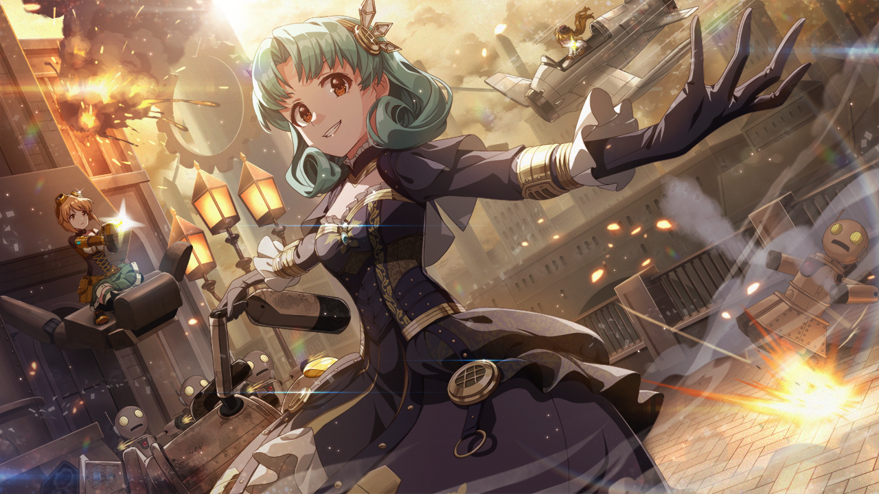 hagiwara yukiho, tokoro megumi, tokugawa matsuri, idolmaster, idolmaster million live!, idolmaster million live! theater days, game cg, official art, aircraft, brown hair, building, dress, fire, gloves, green hair, gun, hat, holding, lamppost, mini hat, orange eyes, railing, robot, smile, smoke, weapon