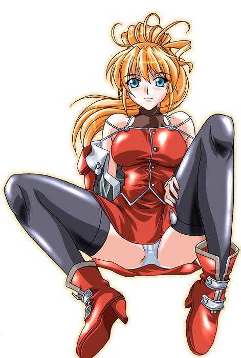 excellen browning, banpresto, super robot wars, super robot wars original generation, bare shoulders, blonde hair, blue eyes, boots, detached sleeves, long hair, panties, ponytail, solo, spread legs, thighhighs, underwear, white panties