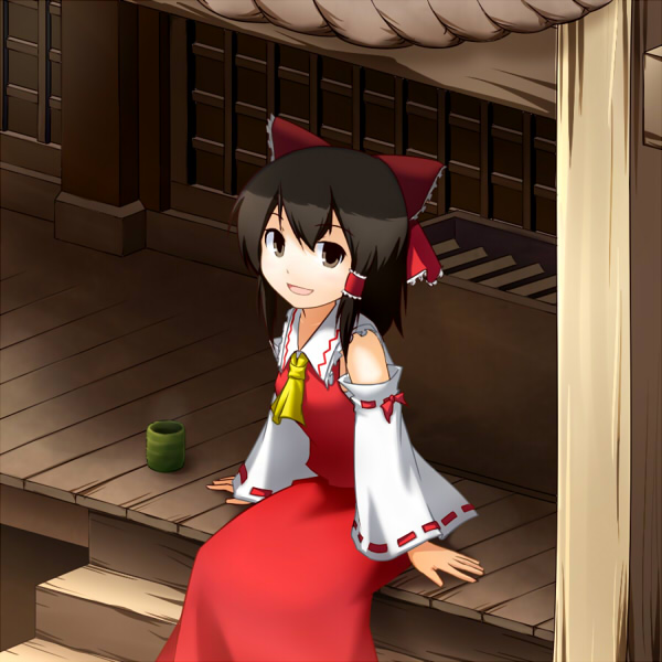 tsuyuki, tsuyuki (yukitgraph), hakurei reimu, touhou, bad id, bad pixiv id, 1girl, black eyes, black hair, bow, cup, detached sleeves, female focus, hair bow, hair ribbon, japanese clothes, japanese veranda, miko, porch, ribbon, shrine, sitting, smile, solo, veranda
