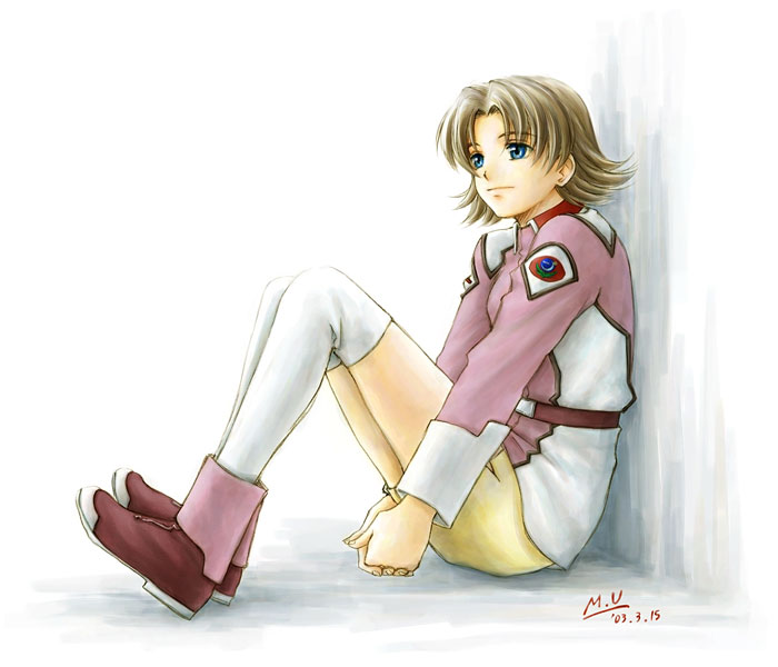 miriallia haw, gundam, gundam seed, 00s, 1girl, blue eyes, boots, brown hair, female focus, light smile, military, military uniform, sitting, skirt, solo, thighhighs