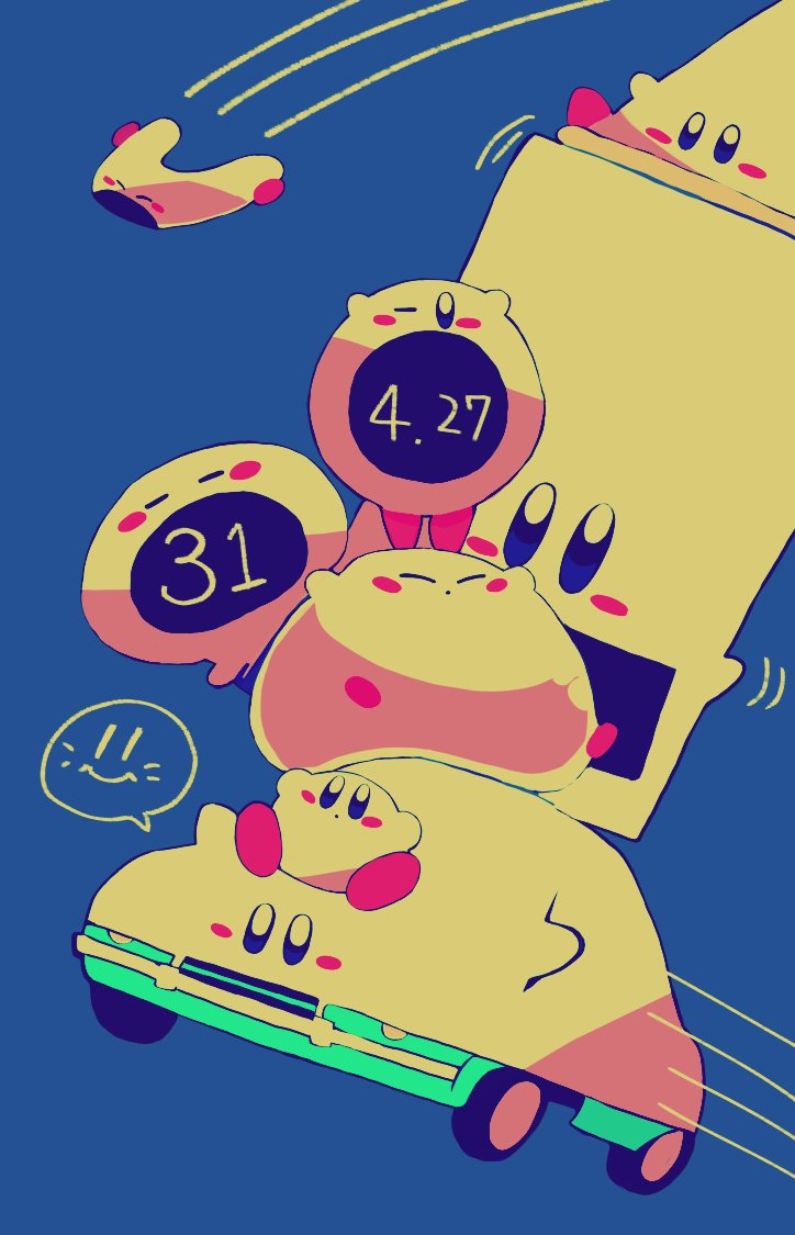 purano7, car mouth, kirby, kirby (series), nintendo, :o, blue background, blue eyes, blush stickers, car, closed eyes, copy ability, limited palette, motor vehicle, no humans, open mouth