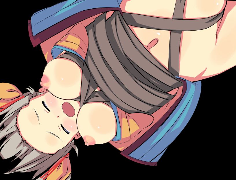 game cg, variant set, 1girl, anime coloring, black background, blush, bow, breasts, breasts out, closed eyes, crying, grey hair, hair bow, hanging, immobilization, japanese clothes, kimono, medium breasts, mizuha (toraware no kami-sama), navel, nipples, open clothes, open kimono, open mouth, raised inner eyebrows, restrained, short kimono, simple background, solo, tachinori buranko, toraware no kami-sama to tabi no shoujo, twintails, upper body, upside-down, wavy mouth, yellow bow, yellow kimono