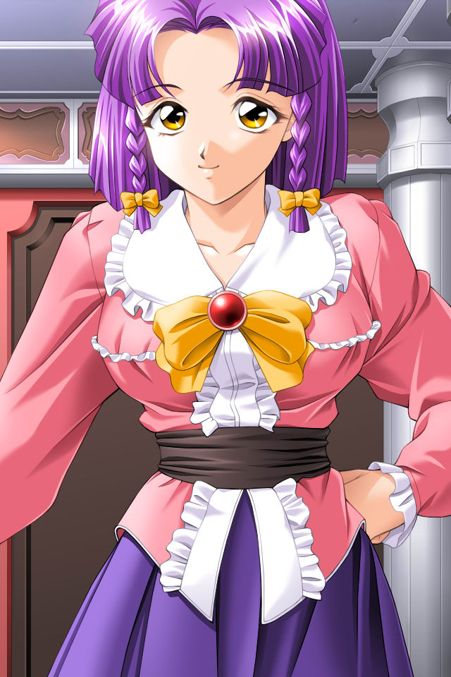 masaki takei, takei masaki, mika (shangrlia), shangrlia, shangrlia 2, game cg, non-web source, 1girl, braid, hair ribbon, purple hair, ribbon, short hair, twin braids, yellow eyes