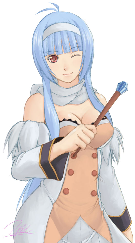yukihiro, satsuki (quiz magic academy), quiz magic academy, 1girl, bare shoulders, blue hair, breasts, cleavage, female focus, large breasts, long hair, one eye closed, red eyes, signature, sketch, smile, solo, wand, wink