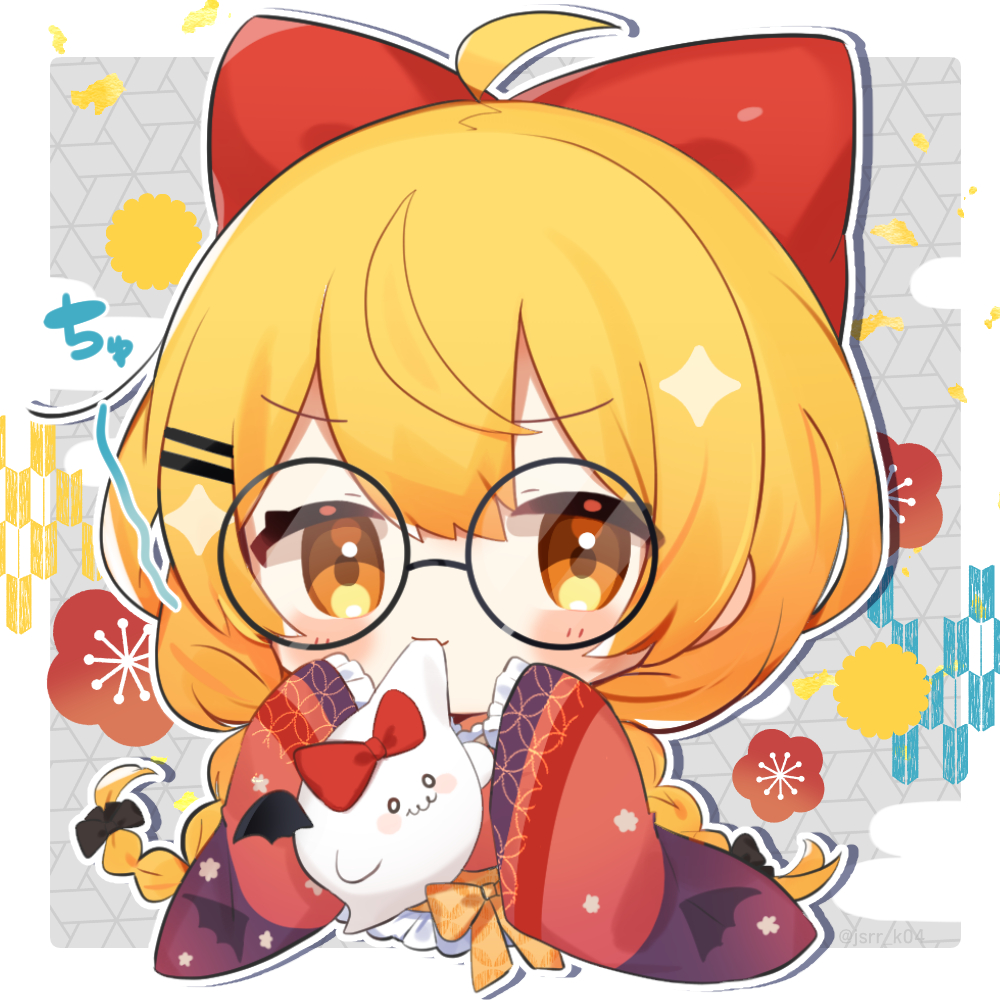 kashiwase karune, kapumin (yozora mel), yozora mel, yozora mel (new year), hololive, commentary request, 1girl, ahoge, black-framed eyewear, black bow, blonde hair, blush stickers, border, bow, braid, chibi, chibi only, closed mouth, cropped torso, double-parted bangs, drop shadow, glasses, grey background, hair bow, hands up, japanese clothes, kimono, long hair, long sleeves, looking at viewer, orange eyes, outline, outside border, red bow, red kimono, round eyewear, sleeves past fingers, sleeves past wrists, solo, twin braids, virtual youtuber, white border, white outline, wide sleeves