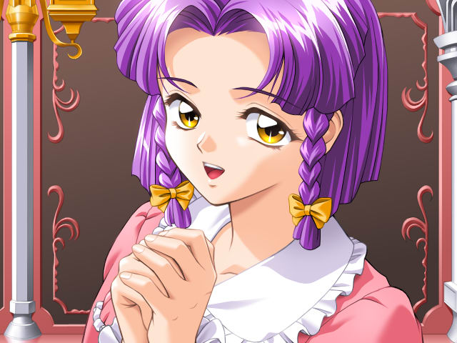 masaki takei, takei masaki, mika (shangrlia), shangrlia, shangrlia 2, game cg, non-web source, 1girl, braid, close-up, female focus, hair ribbon, purple hair, ribbon, solo, twin braids, yellow eyes