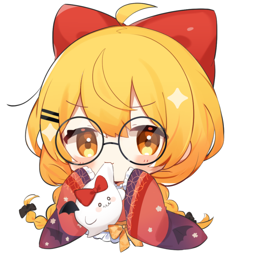 kashiwase karune, kapumin (yozora mel), yozora mel, yozora mel (new year), hololive, commentary request, 1girl, ahoge, black-framed eyewear, black bow, blonde hair, blush stickers, bow, braid, chibi, chibi only, closed mouth, cropped torso, double-parted bangs, glasses, hair bow, hands up, japanese clothes, kimono, long hair, long sleeves, looking at viewer, orange eyes, red bow, red kimono, round eyewear, simple background, sleeves past fingers, sleeves past wrists, solo, transparent background, twin braids, virtual youtuber, wide sleeves