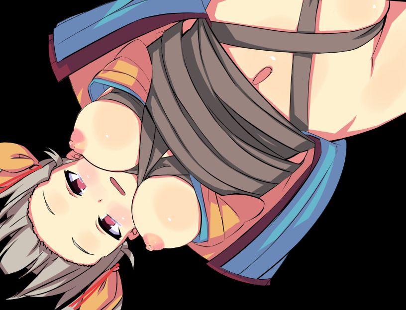 game cg, variant set, 1girl, anime coloring, black background, blush, bow, breasts, breasts out, grey hair, hair bow, half-closed eyes, hanging, immobilization, japanese clothes, kimono, medium breasts, mizuha (toraware no kami-sama), navel, nipples, open clothes, open kimono, open mouth, red eyes, restrained, short kimono, simple background, solo, tachinori buranko, tearing up, tears, toraware no kami-sama to tabi no shoujo, twintails, upper body, upside-down, wavy mouth, yellow bow, yellow kimono