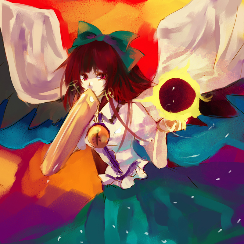 nr (cerumia), nr (cmnrr), reiuji utsuho, touhou, bad id, bad pixiv id, 1girl, female focus, hair ribbon, red eyes, red hair, ribbon, solo, wings