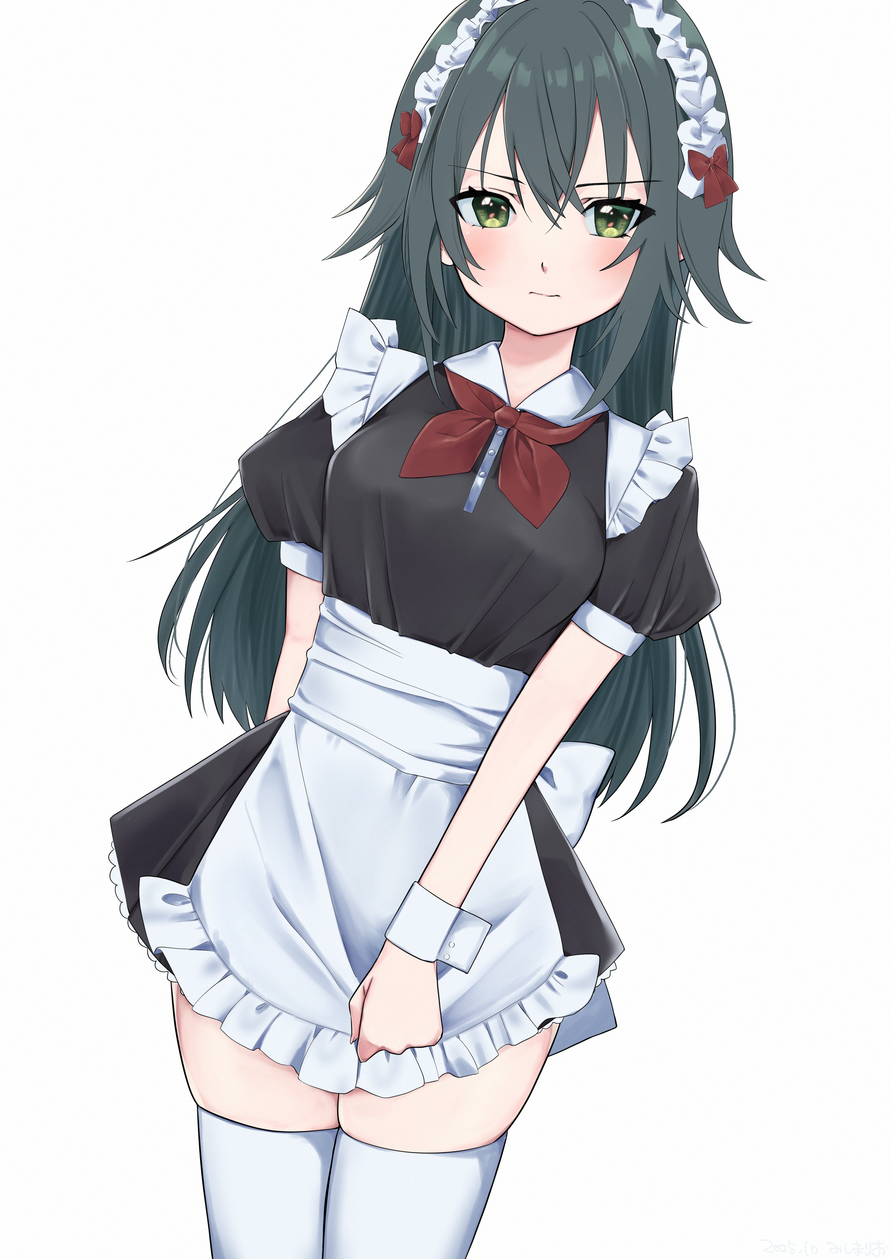mishima ryo, tsukimura temari, gakuen idolmaster, idolmaster, absurdres, commentary request, highres, 1girl, apron, black dress, breasts, closed mouth, collared dress, dress, frilled apron, frills, green eyes, green hair, hair between eyes, long hair, maid, medium breasts, neckerchief, puffy short sleeves, puffy sleeves, red neckerchief, short sleeves, simple background, skindentation, solo, thighhighs, very long hair, white apron, white background, white thighhighs, wrist cuffs