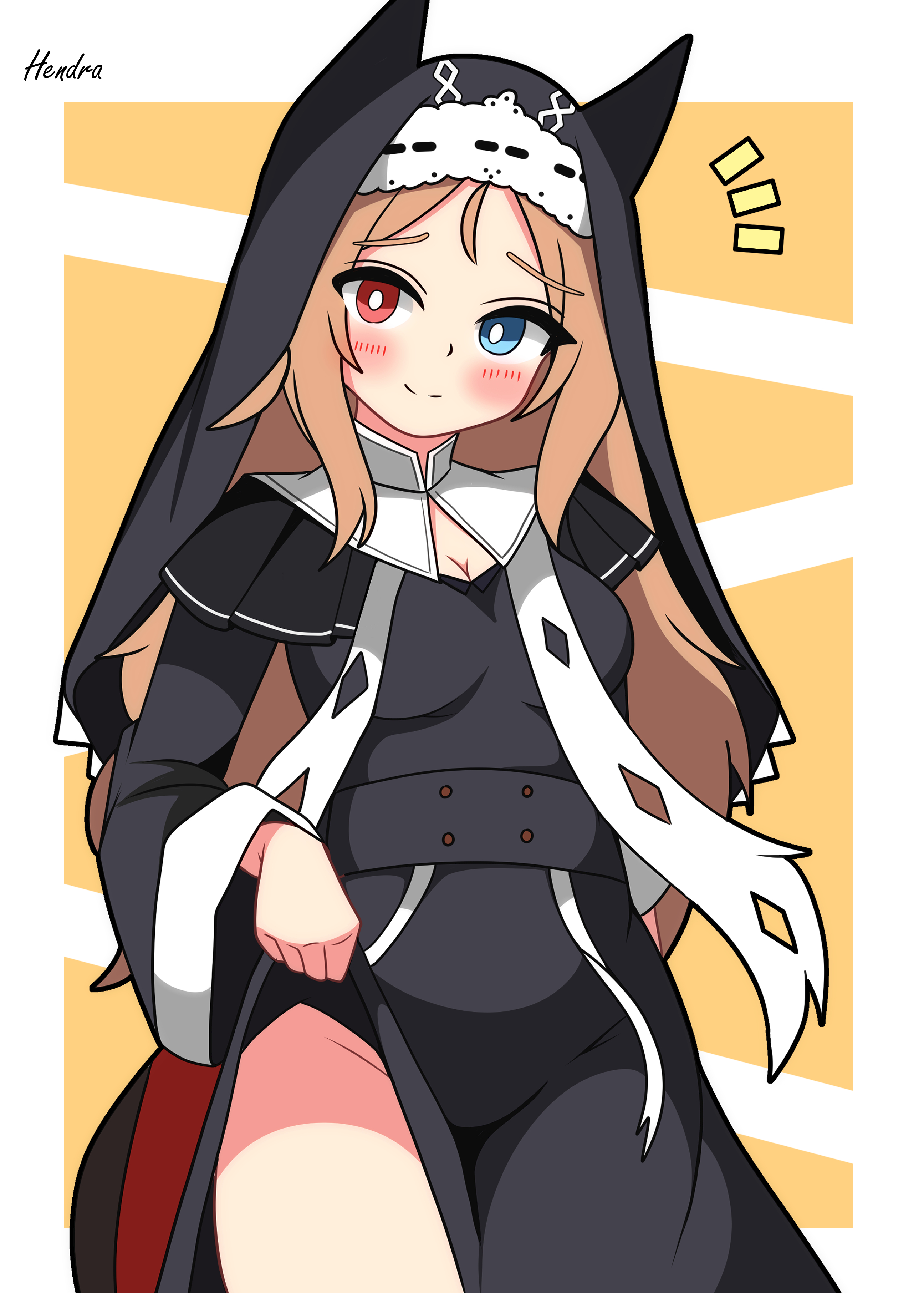 hendra, archetto (arknights), archetto (glory of the devout) (arknights), arknights, absurdres, commentary request, highres, partial commentary, 1girl, animal ears, artist name, black dress, blue eyes, blush, breasts, brown hair, cleavage, cleavage cutout, closed mouth, clothes lift, clothing cutout, coif, dress, dress lift, groin, heterochromia, lifting own clothes, long hair, long sleeves, looking at viewer, medium breasts, notice lines, nun, official alternate costume, red eyes, simple background, smile, solo, wide sleeves, yellow background
