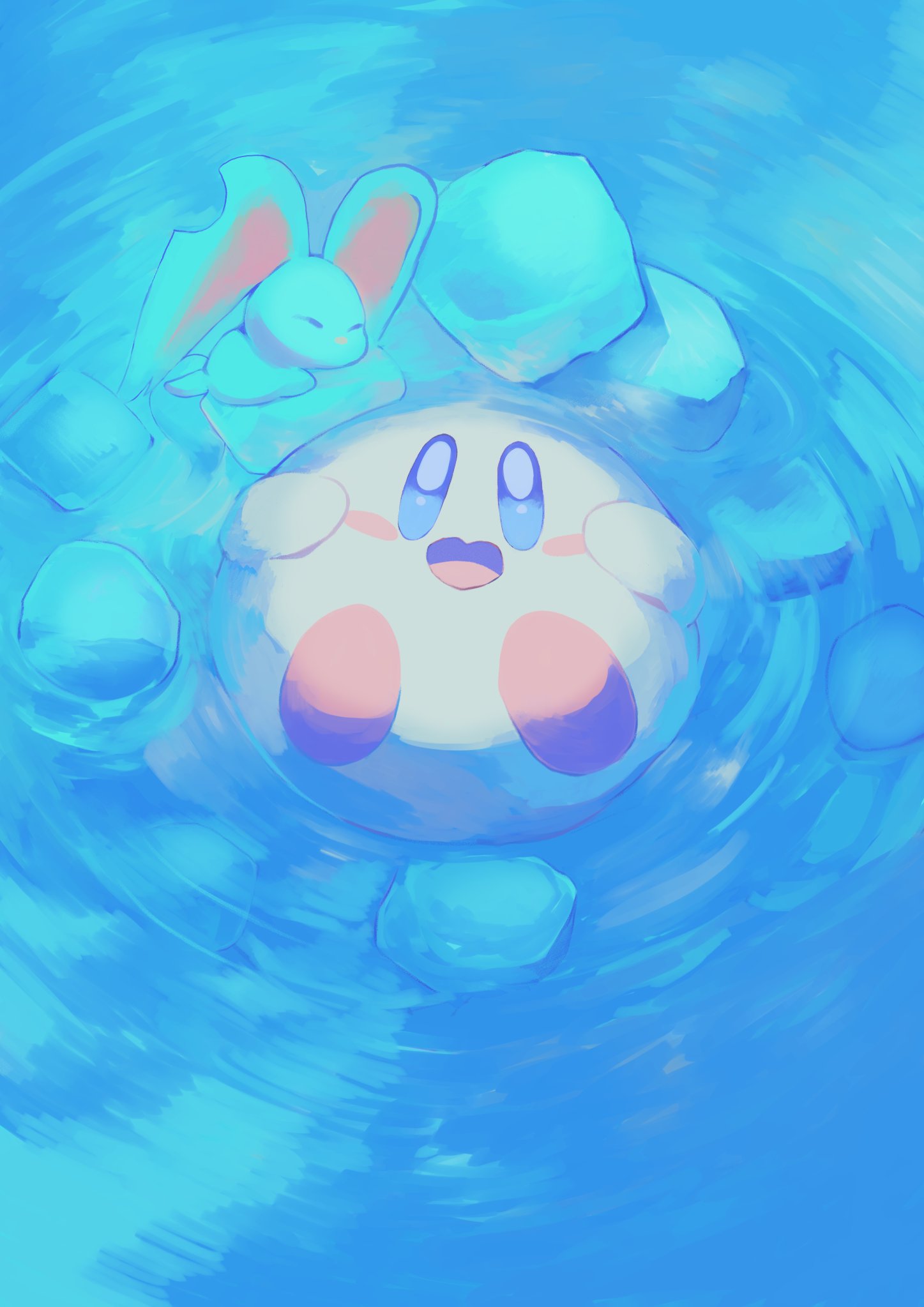 purano7, elfilin, kirby, kirby (series), nintendo, highres, blue eyes, blue theme, blush stickers, closed eyes, cool colored, ice, no humans, notched ear, open mouth, partially submerged, smile, solo