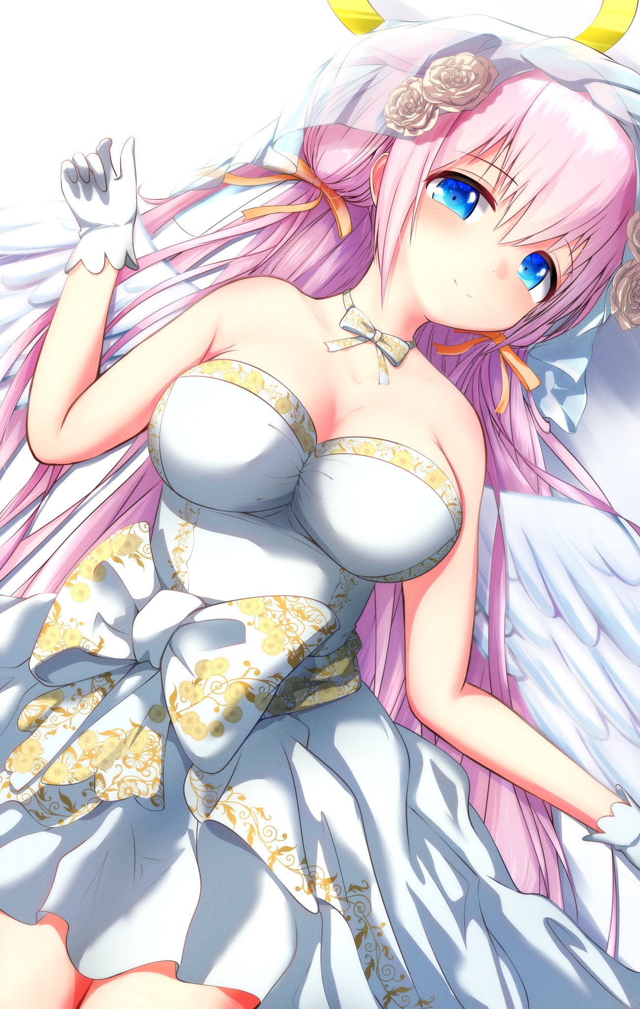 white muffler, z/x, commission, highres, skeb commission, 1girl, bare shoulders, blue eyes, breasts, cleavage, closed mouth, dress, feathered wings, gloves, hair ribbon, halo, large breasts, long hair, looking at viewer, lying, marie (z/x), off-shoulder dress, off shoulder, on back, orange ribbon, ribbon, solo, traditional halo, veil, white dress, white gloves, white wings, wings