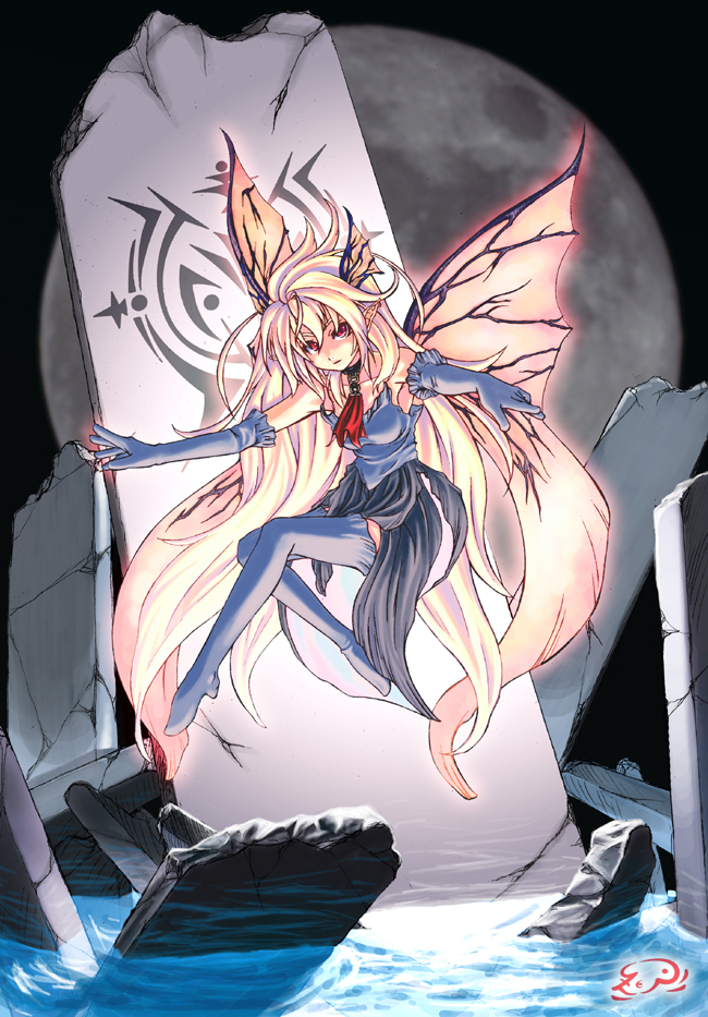 blonde hair, boots, elbow gloves, gloves, long hair, pointy ears, red eyes, solo, thigh boots, thighhighs, very long hair, wings