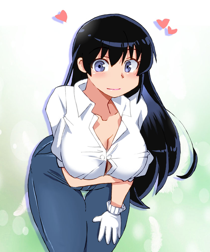 onnaski, arato nagi, ruri no houseki, 1girl, arm under breasts, black hair, blue eyes, blue pants, blush, breasts, cleavage, collarbone, denim, feathers, gloves, gradient background, green background, hand on own thigh, heart, holding own arm, jeans, large breasts, leaning forward, long hair, looking at viewer, pants, shirt, short sleeves, smile, standing, white gloves, white shirt, wide hips