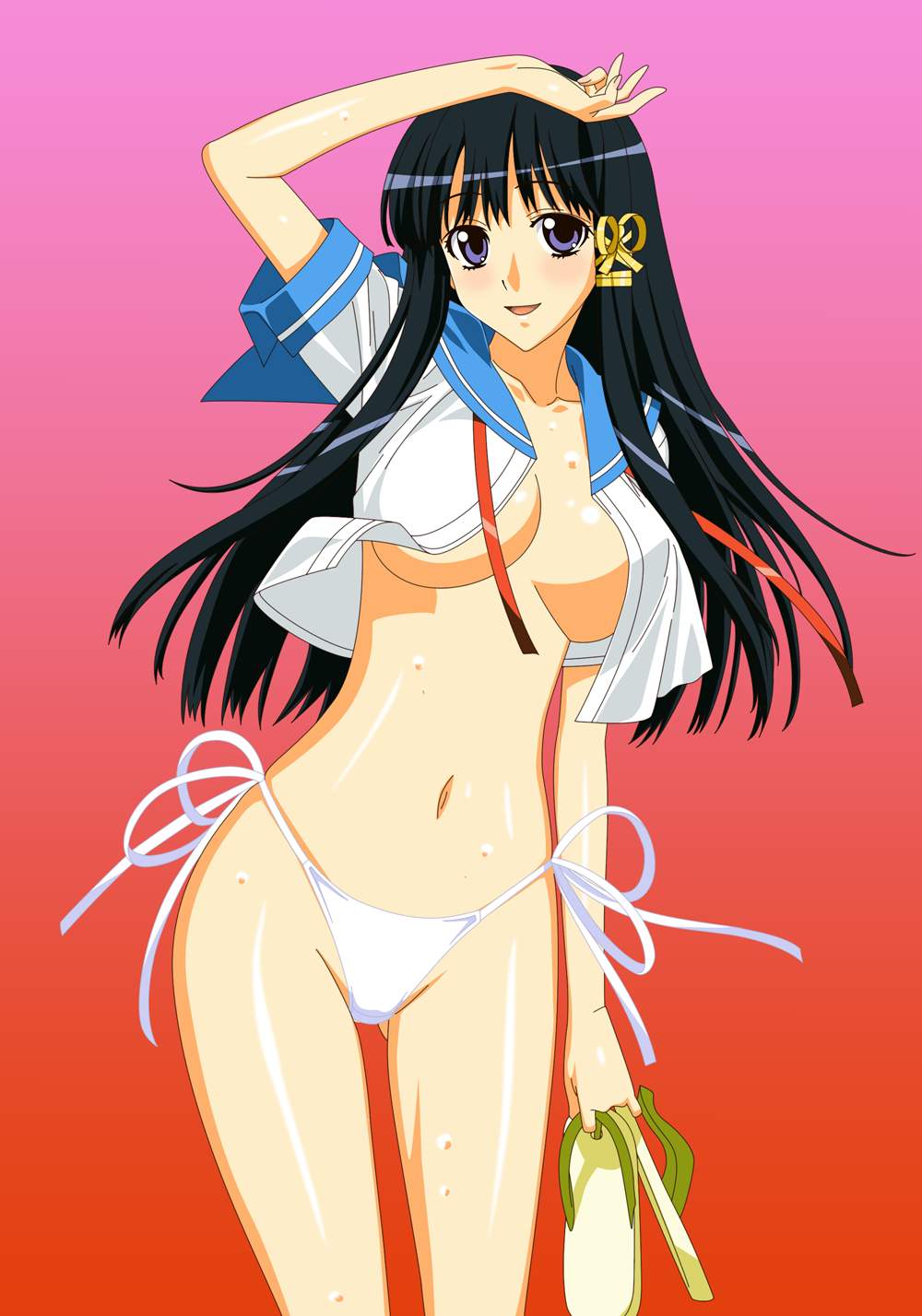 kuroda kazuya, yotsuya kotoko, 15 bishoujo hyouryuuki, highres, 1girl, black hair, blue eyes, breasts, female focus, gradient background, large breasts, long hair, no bra, open clothes, open shirt, panties, purple eyes, sandals, school uniform, shirt, side-tie panties, smile, solo, underwear, wet, white panties