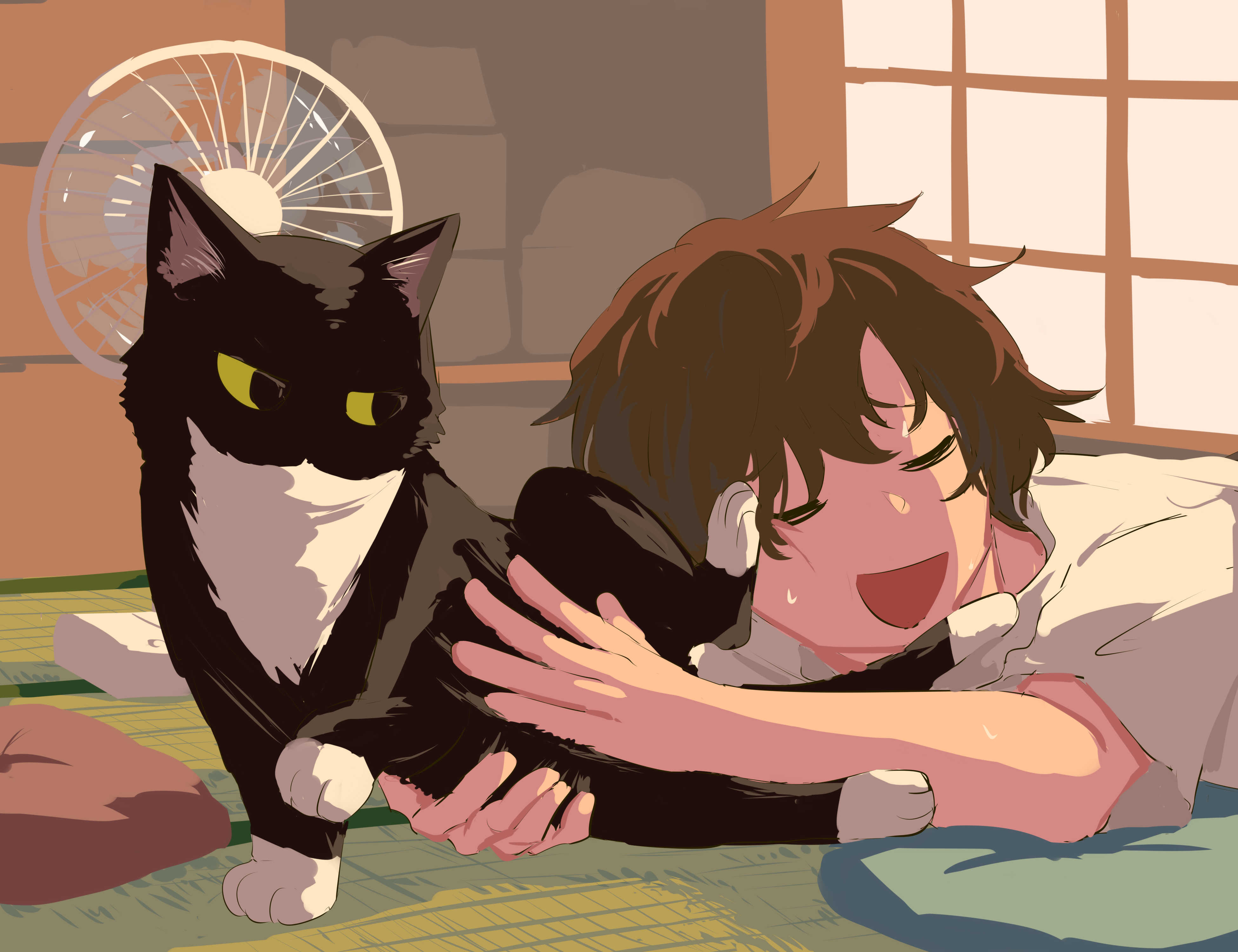 avogado6, original, absurdres, highres, 1boy, animal, animal hug, brown hair, cat, closed eyes, cushion, electric fan, indoors, lying, male focus, messy hair, on floor, on stomach, petting, shirt, short sleeves, sweat, t-shirt, tatami, white shirt
