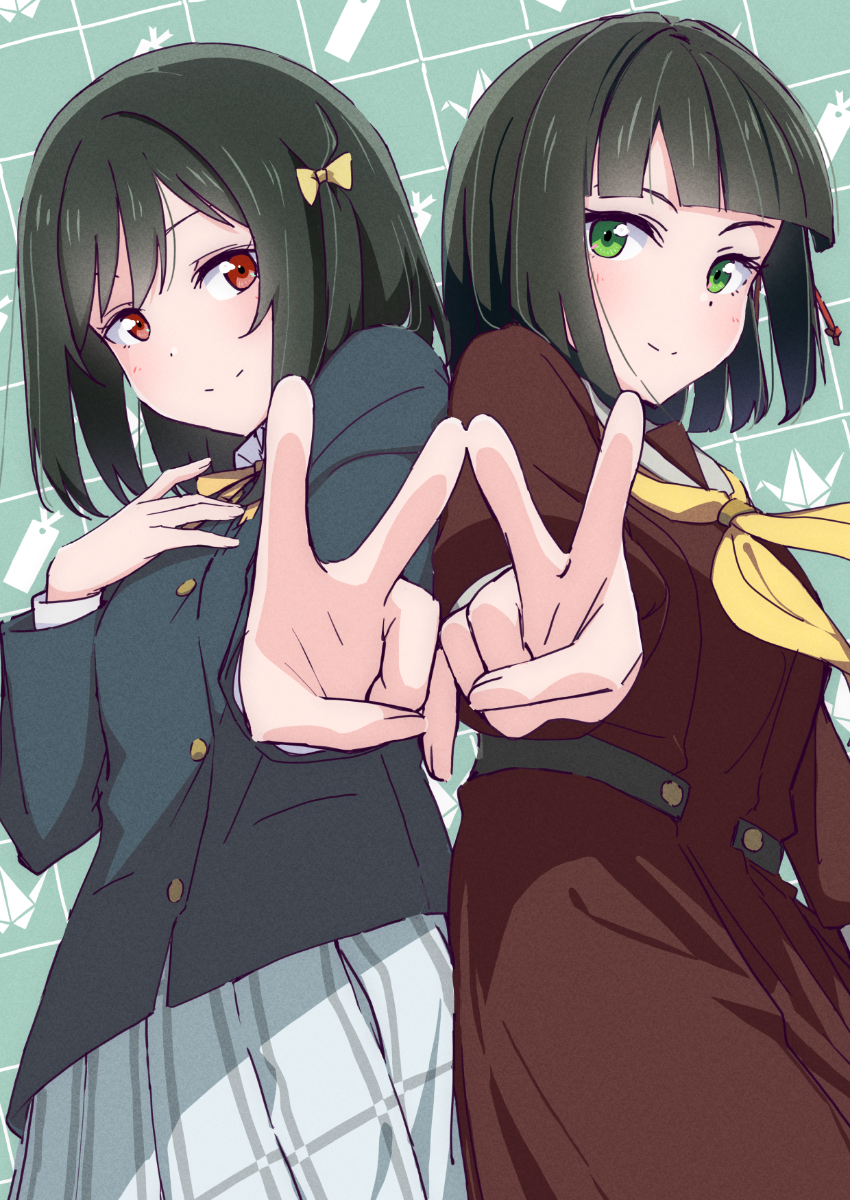 ajapar, mifune shioriko, momose ginko, link! like! love live!, love live!, love live! nijigasaki high school idol club, commentary request, highres, 2girls, black jacket, blunt bangs, blush, bob cut, brown dress, character logo, closed mouth, dress, green background, green eyes, green hair, grey skirt, hair ribbon, hasu no sora school uniform, jacket, long sleeves, looking at viewer, multiple girls, neckerchief, nijigasaki school uniform, plaid background, plaid clothes, plaid skirt, pleated skirt, red eyes, ribbon, sailor dress, school uniform, short hair, skirt, smile, split mouth, trait connection, v, winter uniform, yellow neckerchief