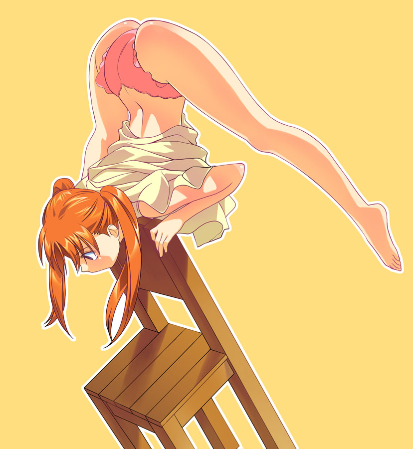 a1 (initial-g), mia guillem, kaleido star, 00s, 1girl, accidental exposure, ass, balancing, barefoot, bend, butt crack, chair, clothes lift, contortion, dress, dress lift, feet, female focus, flexible, full body, gymnastics, legs, no pants, outline, panties, pink panties, red hair, shirt, simple background, solo, split, t-shirt, toes, twintails, underwear, upside-down, white dress