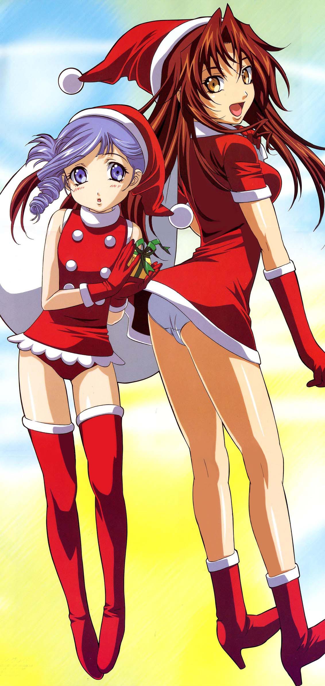 gotou keiji, eclair (kiddy grade), lumiere (kiddy grade), kiddy grade, highres, jpeg artifacts, 00s, 2girls, christmas, clothes lift, gloves, leotard, multiple girls, panties, red gloves, sack, santa costume, skirt, skirt lift, thighhighs, underwear, zettai ryouiki