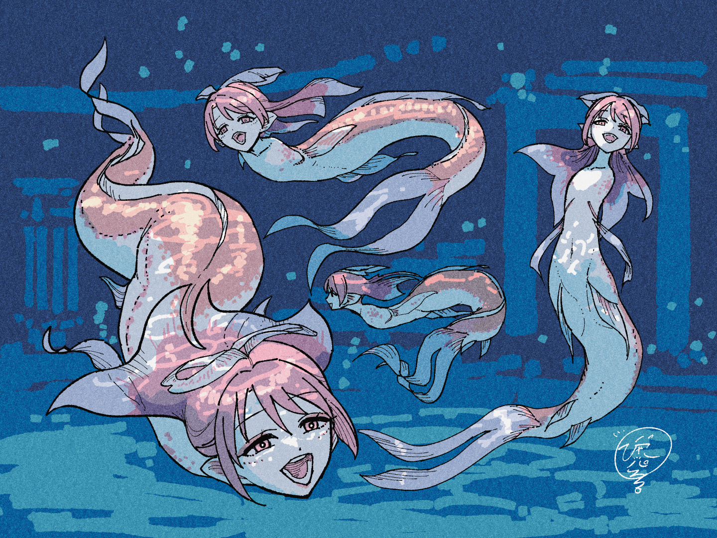 byackopath (artist), original, commentary request, 4girls, caustics, colored skin, fins, gills, human head, monster girl, multiple girls, open mouth, pink eyes, pink skin, signature, underwater, white skin